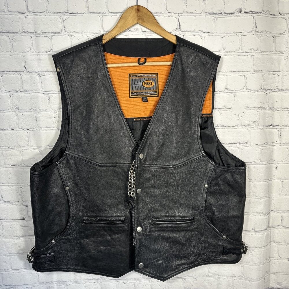 Men’s 3XL First Classics Leather Motorcycle Vest – Black Genuine Leather Pockets
